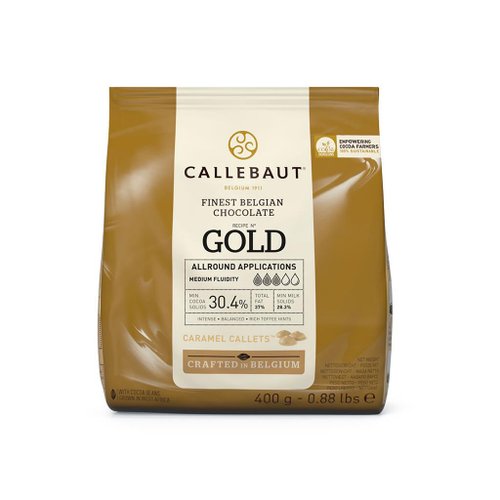 CHOCOLADE DRUPPEL GOLD WIT CARAMEL 400G CALLEBAUT